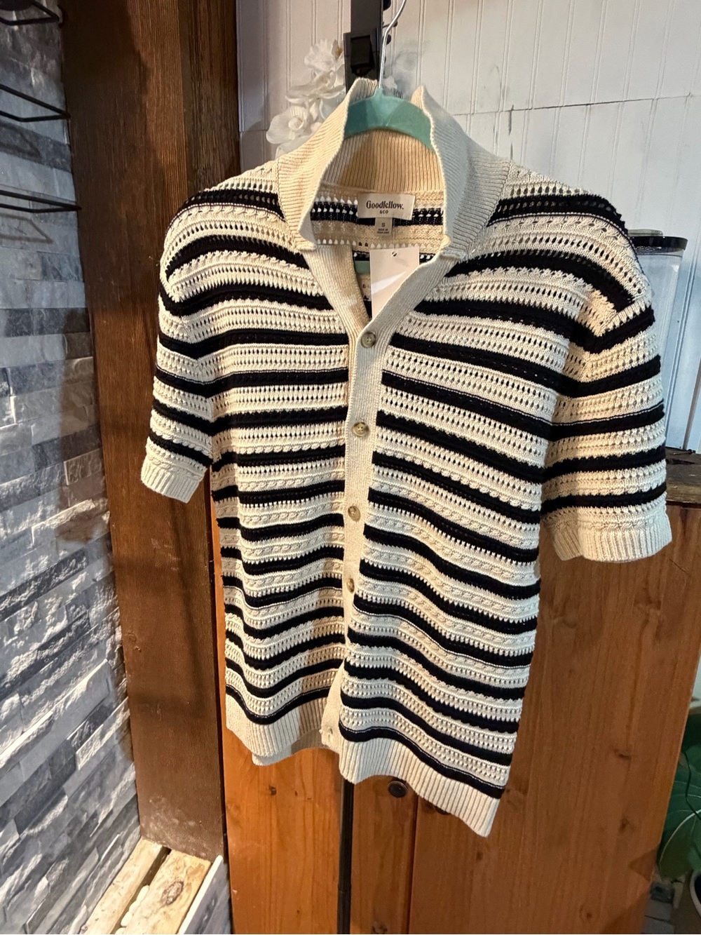 Goodfellow & Co Cream and Black Striped Short-Sleeve Button Cardigan